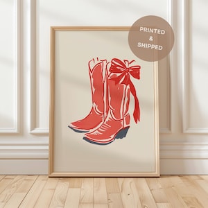 Red Cowboy Boots Print for Coquette room decor | Red Cowgirl Boots Print for Boho Decor | Retro Cowgirl Western Art Print Instant Download
