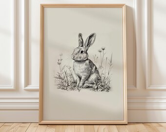 Vintage Easter Bunny Print, Printable Wall Art Antique Rabbit Sketch Drawing, Rustic Easter Decor, sketch print for nursery vintage wildlife