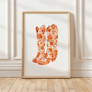 Orange Cowboy Boots Print Orange Cowboy Boots Wall Art, Minimalist Fall Wall Art Poster, Cute Western Cowgirl Art, Autumn Apartment Decor