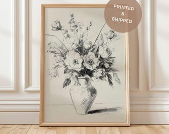 Sketch Print Minimalist Floral Drawing, Floral French Country Art, Flowers in a Vase, sketch print for nursery vintage flowers sketch