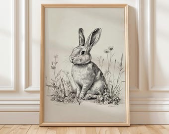 Vintage Easter Bunny Print, Printable Wall Art Antique Rabbit Sketch Drawing, Rustic Easter Decor, sketch print for nursery vintage wildlife