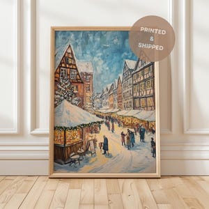 Arte de pared imprimible navideño de pueblo vintage / Pintura de paisaje de ciudad invernal, arte digital descargable, decoración de paisaje invernal de pueblo vacacional