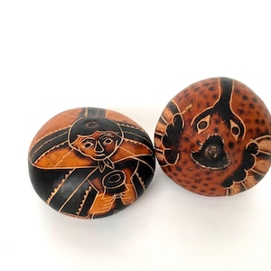 Two Hand Painted Gourds Bird and Woman Shakers, vintage rustic folk art Peru hand crafted etched Peruvian handmade natural decor sculpture