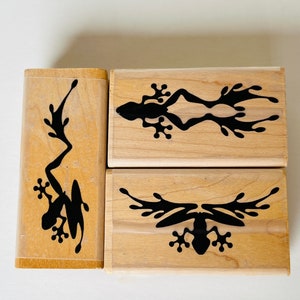 Unique 1993 Frogman Tim Cotterill Unused Set of 3 Rubber Stamps in Box, artistic frogs toads crafting original packaging Venice California