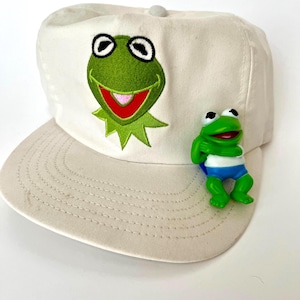 Vintage White Kermit the Frog Cap Hat Disney Character Fashions plus 1985 Muppet Babies plastic figurine, Henson collectibles