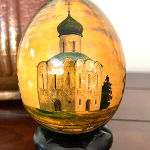 Vintage painted wooden egg Russian Orthodox cathedral cross black lacquer initials with stand