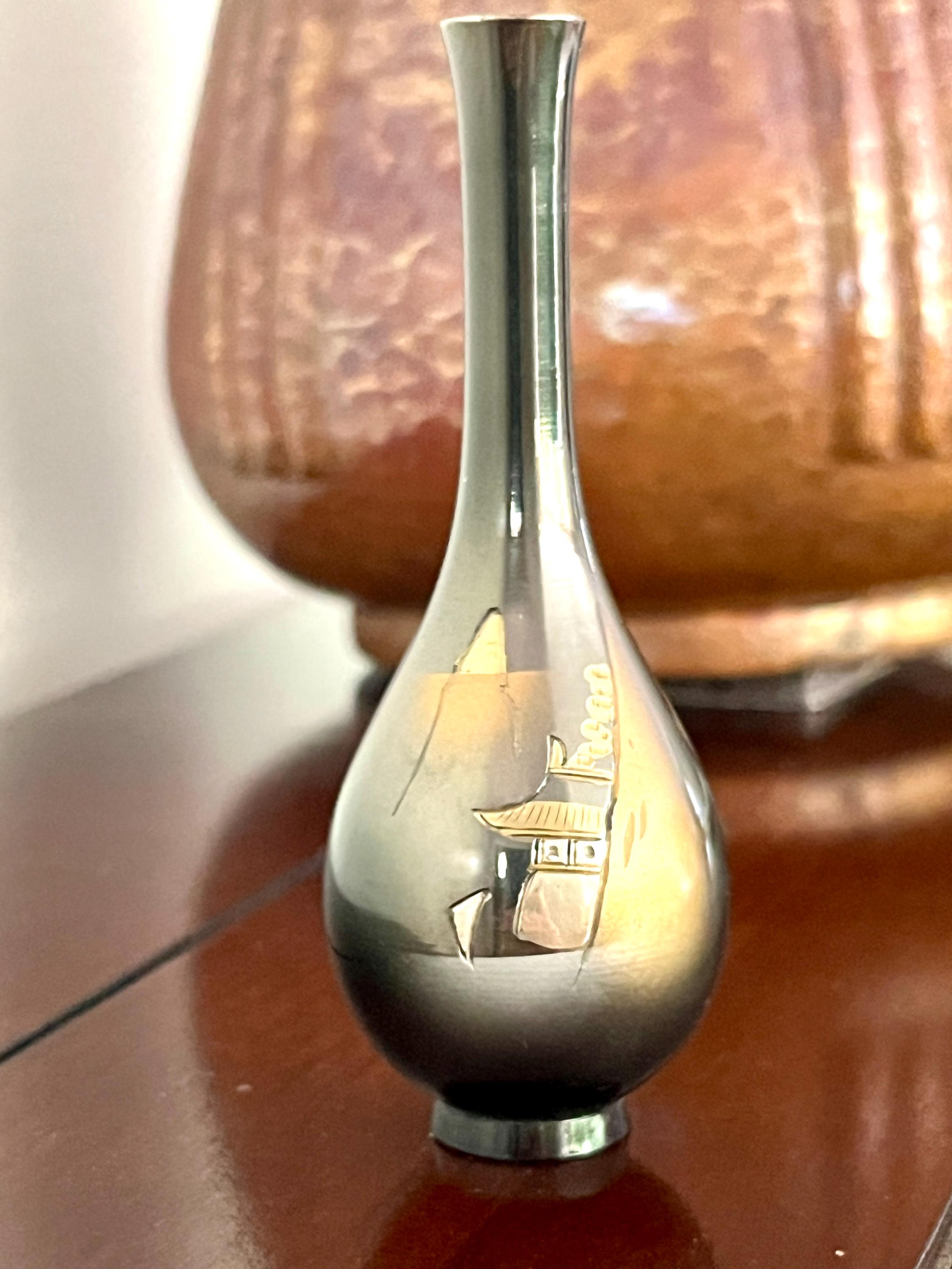 Vintage Japanese Bronzed Metal Bud Vase Etched Black Bronze