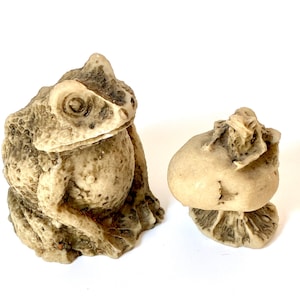 Two Vintage Hand Carved Toads or Frogs, One on a Mushroom, Toadstool plant garden woodland decor, resin made in Mexico, 3” and 1.5&quot; tall