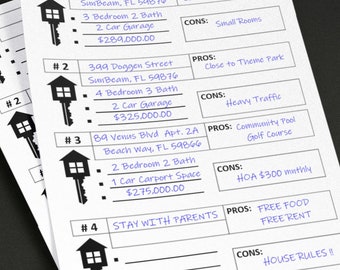 May include: A list of four potential homes with pros and cons listed for each. The homes are numbered 1 through 4 and each has a key icon next to it. The list includes the address, number of bedrooms and bathrooms, garage or carport space, and price for each home.