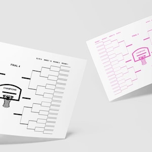 May include: Two white basketball tournament bracket sheets. One sheet has black text and a basketball hoop graphic, the other has pink text and a basketball hoop graphic. The text on the first sheet reads "FINAL 4" and "CHAMPIONS".