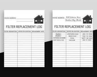 Registro di sostituzione dei filtri, registro di sostituzione dei filtri dell'aria, registro di manutenzione di impianti di riscaldamento, ventilazione e condizionamento (HVAC) e piscine - Download digitale e stampabile