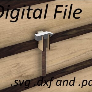 Op de afbeelding: Een 3D-weergave van een hamer met een lichtbruine steel en een witte en grijze kop. De hamer staat tegen een achtergrond van licht en donkerbruin hout. De woorden "Digital File" en bestandstype-extensies worden weergegeven.