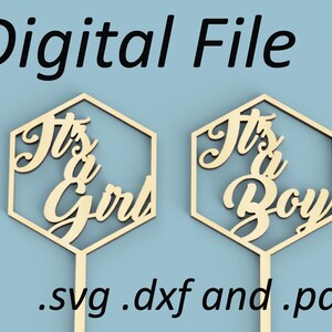 Gör-det-själv-tårtdekoration "Det är en pojke/flicka"-mall | Babyshower | Tårtdekoration | Hexagon Modern | Laserskuren trä digital fil | SVG DXF PDF-nedladdning