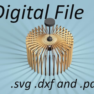 May include: Digital file download of a geometric wooden lampshade design. The design is made up of many thin wooden slats that are arranged in a circular pattern. The file is available in SVG, DXF, and PDF formats.