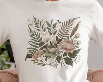T-shirt bohème botanique vintage, imprimé floral rétro