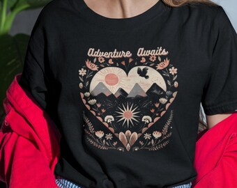 Adventure Awaits T-Shirt, Mountain Floral Design, Nature Explorer Top