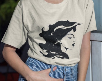 T-shirt profil femme balayé par le vent, mode artistique monochrome