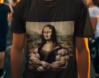 T-shirt graphique bodybuilder Mona Lisa, design vintage amusant