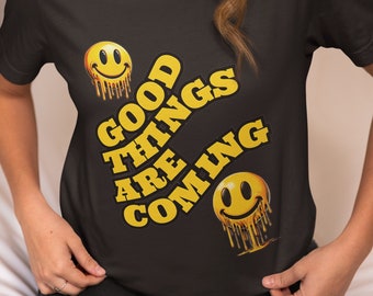 T-shirt graphique Good Vibes, smileys dégoulinants, chemise inspirante