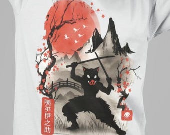 Demon Slayer Shirt, Inosuke Silhouette Anime Tee, Japanese Sumi-E Samurai Art T-Shirt