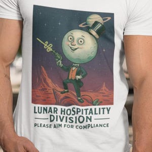 May include: White t-shirt featuring a retro-style illustration of a moon character in a suit and top hat, holding a ray gun. The text "LUNAR HOSPITALITY DIVISION" and "PLEASE AIM FOR COMPLIANCE" are below the image. The person is wearing blue jeans.