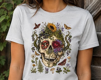 Sombre botanique crâne champignon surréalisme floral Witchcore T-shirt graphique
