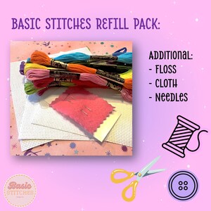 May include: A refill pack for embroidery projects, including floss, Aida cloth, and needles. The pack features a variety of colorful floss spools, a piece of white Aida cloth, a pink felt square, and three needles.