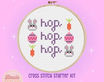 Bunny, Carrot, Egg Cross Stitch Kit - Complete Beginner Cross Stitch Kit - Easter - Spring