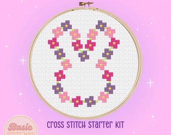 Flower Bunny Cross Stitch Kit - Complete Beginner Cross Stitch Kit - Easter - Spring
