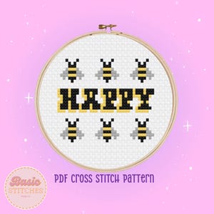 Happy Bee Cross Stitch Pattern - Full Color Download Pattern - DIY Craft Gift