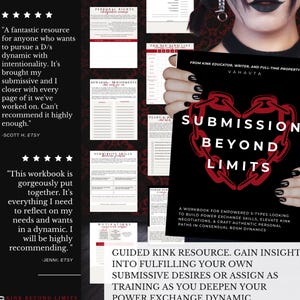 May include: A black book titled "Submission Beyond Limits" with a red heart-shaped chain design. The book is held by a person with black nail polish. The book is a workbook for consensual BDSM dynamics.
