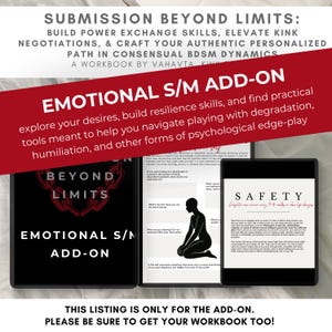 Peut inclure: Image d'un add-on de cahier intitulé "EMOTIONAL S/M ADD-ON" avec le texte "explorez vos désirs, développez vos compétences de résilience et trouvez des outils pratiques pour vous aider à jouer avec la dégradation, l'humiliation et d'autres formes de jeu psychologique."