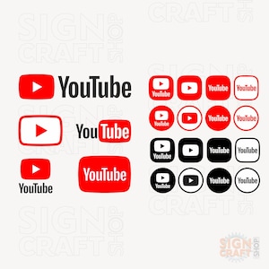 May include: A set of 16 YouTube logo variations in red, white, and black. The logos are in different shapes and sizes, including circles, squares, and rectangles. The logos are all in a simple, modern style.