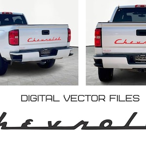 Puede incluir: Camioneta Chevrolet blanca con letras rojas "Chevrolet" en el portón trasero. La imagen también incluye un logotipo "Chevrolet" negro en formato de archivo vectorial digital.