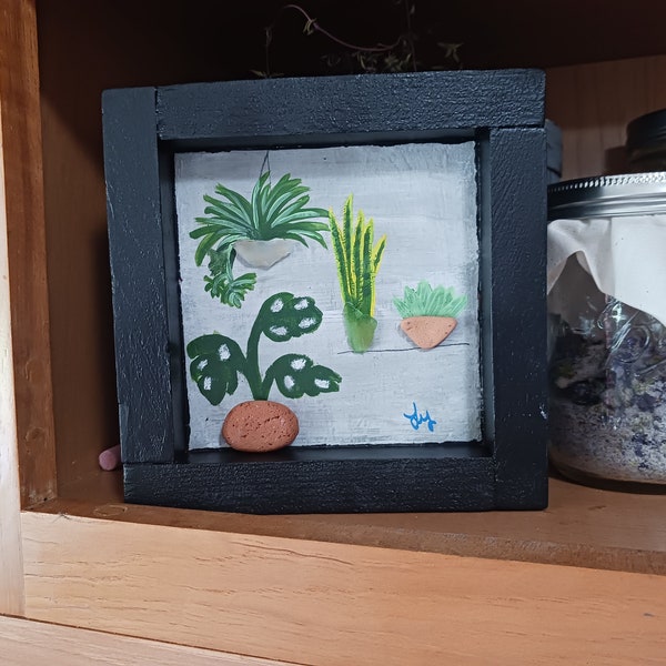 Beach glass and stone hand painted plant art with wood frame