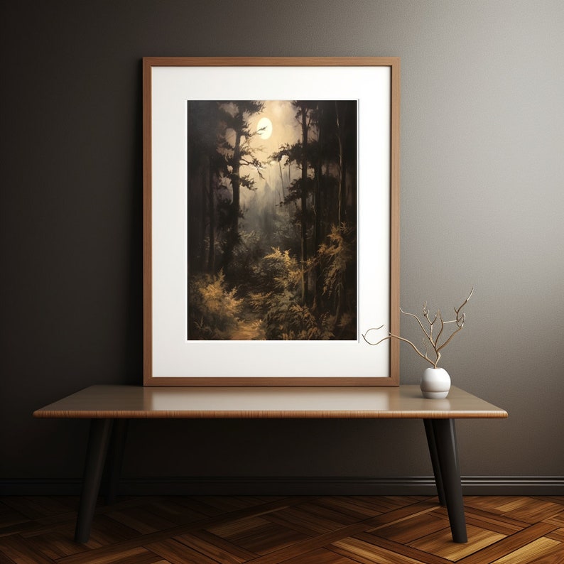 Moonlit Forest Wall Art, Nature Landscape Print, Mysterious Woods