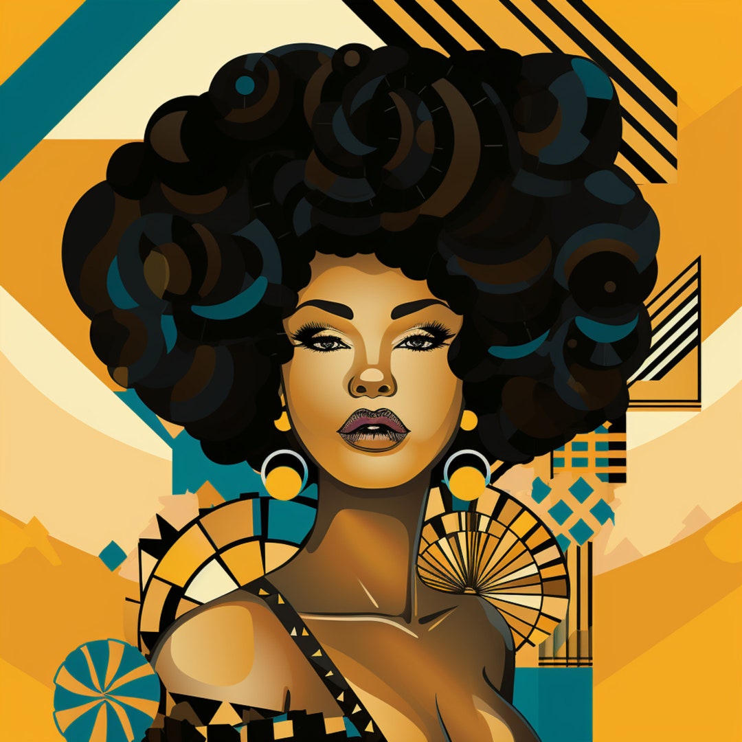 Retro Afro Woman Wall Art, Vintage Style Female Portrait, Geometric