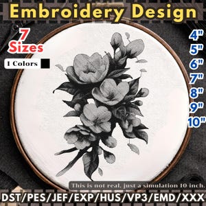 May include: An embroidery design featuring a floral pattern in black and white, displayed within a wooden hoop. The design includes the text "Embroidery Design", "7 Sizes", and size options from 4" to 10". The image also states "This is not real, just a simulation 10 inch."