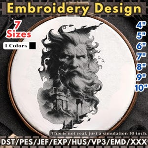 May include: Embroidery design featuring a detailed black and white illustration of a bearded man's face and a building. The design is available in 7 sizes, ranging from 4 to 10 inches. The text "Embroidery Design" is at the top.