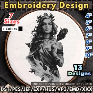 May include: An embroidery design featuring a black and white illustration of a woman with a crown and a feather, displayed in a wooden hoop. The design is available in 7 sizes, ranging from 10.16 cm to 25.4 cm, with 13 designs.