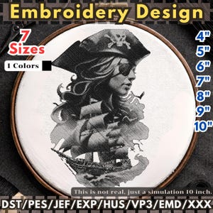 Pirate Woman Embroidery Design – Monochrome Blackwork Portrait Machine Embroidery File