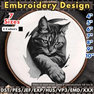 May include: An embroidery design featuring a black and white cat illustration inside a wooden hoop. The text reads Embroidery Design, 7 Sizes, 1 Colors, 4, 5, 6, 7, 8, 9, 10 inches, and DST/PES/JEF/EXP/HUS/VP3/EMD/XXX. A simulation note is included.