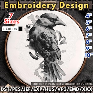 May include: An embroidery design featuring a black crow illustration on white fabric within a wooden hoop. Text includes Embroidery Design, 7 Sizes, 1 Colors, 4, 5, 6, 7, 8, 9, 10 inches, and file formats DST, PES, JEF, EXP, HUS, VP3, EMD, XXX.
