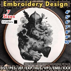 May include: An embroidery design featuring a detailed black and white illustration of a warrior with a helmet and weapon. The design is displayed in a wooden embroidery hoop. The image includes text indicating 7 sizes, 1 color, and sizes ranging from 4" to 10". The text "Embroidery Design" is at the top.