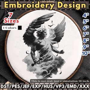 May include: Embroidery design featuring a black and white angel with large wings, in a wooden embroidery hoop. The design is available in 7 sizes, ranging from 4" to 10" in diameter. The text reads "Embroidery Design".