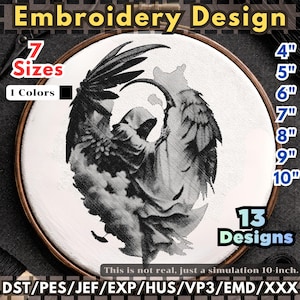 May include: An embroidery design featuring a black and white Grim Reaper with a scythe, set within a wooden embroidery hoop. The design is available in 7 sizes, ranging from 10.16 cm to 25.4 cm. The text reads "Embroidery Design" and "13 Designs".
