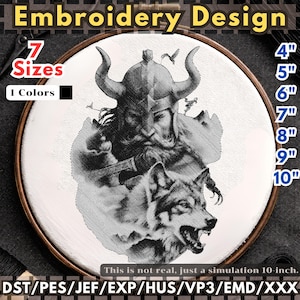 Norse Warrior Embroidery Design – Monochrome Blackwork Portrait Machine Embroidery File