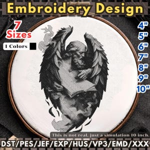May include: An embroidery design featuring a detailed black and white angel with large wings, holding a book. The design is displayed in a wooden embroidery hoop. Text includes "Embroidery Design", "7 Sizes", and size options from 4" to 10".