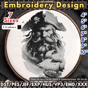 Pirate Captain Embroidery Design – Monochrome Blackwork Portrait Machine Embroidery File