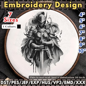 May include: An embroidery design featuring a detailed illustration of a knight in armor, holding a sword. The design is displayed within an embroidery hoop, with size options from 10 cm to 25 cm. The text "Embroidery Design" is at the top.
